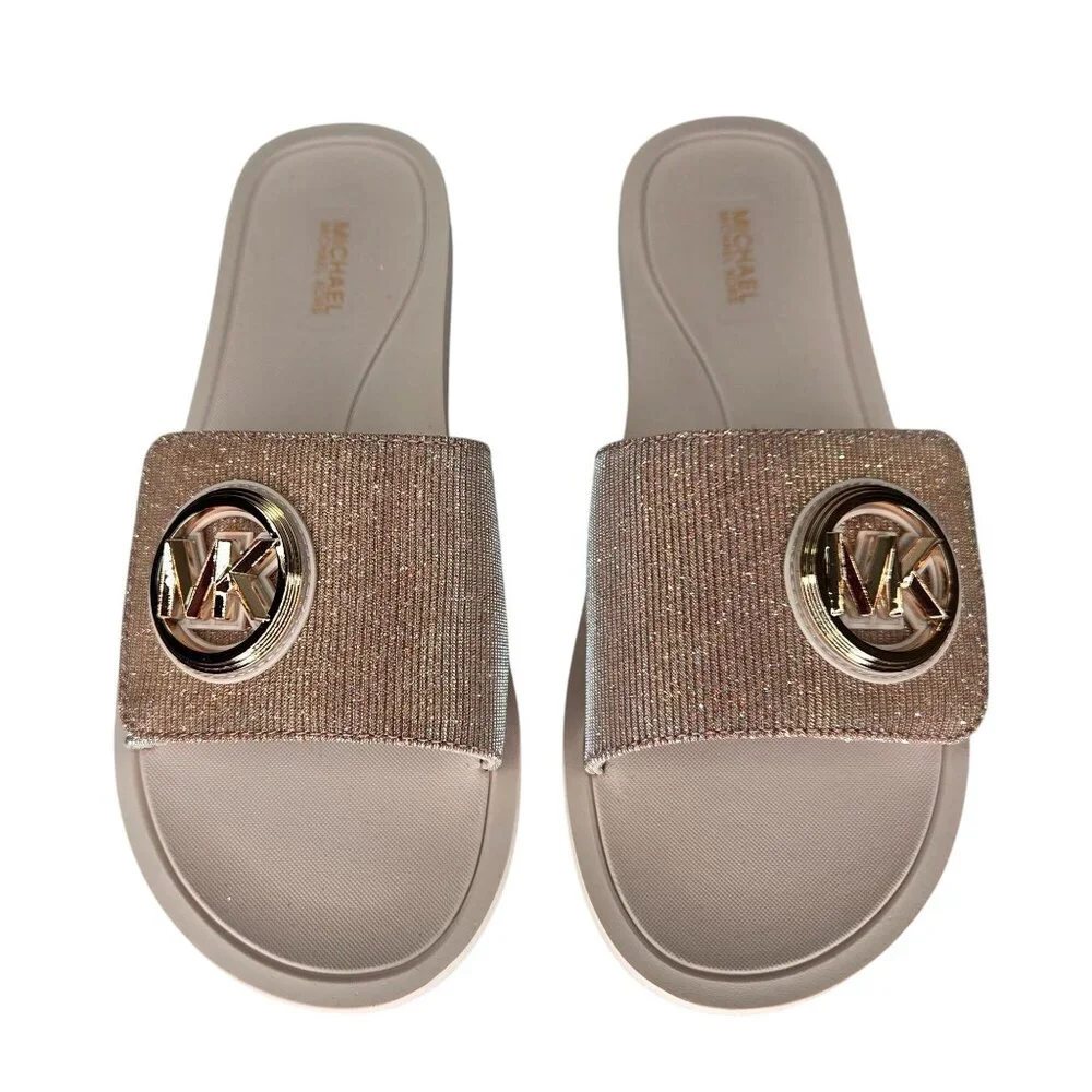 NWT Michael Kors MK Charm Slide Flat Sandals Soft Pink/ Rose Gold - Picture 1 of 7
